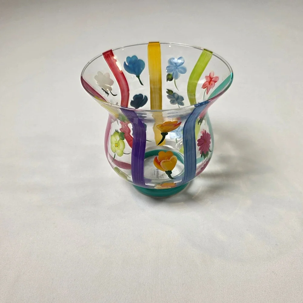 Teleflora Floral Striped Vase Home Decor Multicolor Hand Painted‎ Glass 5.5in